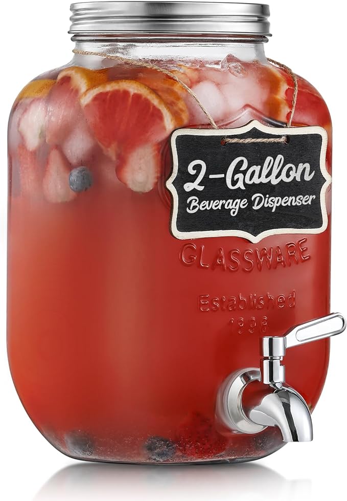 2 Gallon Glass Beverage Dispenser, 18/8 Stainless Steel Spigot and Lid - Glass Drink Dispensers for Parties - Mason Jar Drink Dispensers with Lids - Laundry Detergent Holder