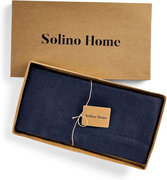 Solino Home Linen Square Tablecloth 52 x 52 Inch - 100% Pure Linen Chambray Navy Table Throw - Athena, Machine Washable Tablecloth for Winter, Spring