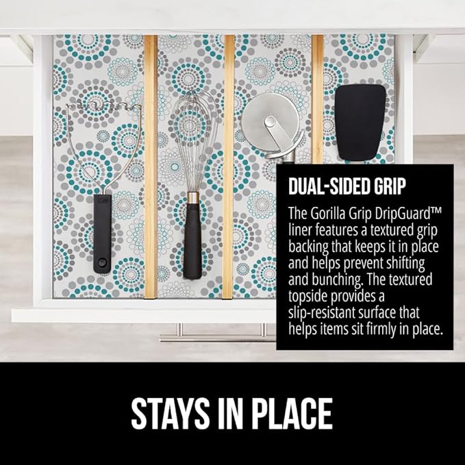 GORILLA GRIP DripGuard Shelf Liner, Non Adhesive Drawer and Kitchen Cabinet Protector, Slip Resistant BPA Free Smooth Surface Plastic Liners for Cabinets, Bathrooms, Closets, 17.5x120 Inch, Spiral