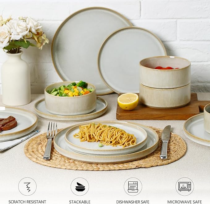 Stoneware Dinnerware Sets for 4, Stoneware Plates and Bowls Set, 12-Piece Ribbed Dishes – Chip & Scratch Resistant, Microwave and Dishwasher Safe Tableware, Warm White