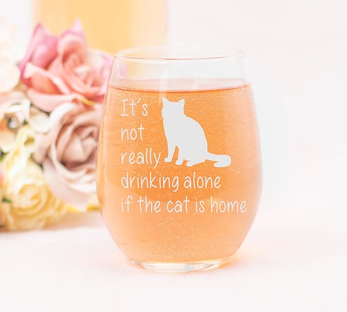 C M The Cat is Home Funny Stemless Wine Glass - Cat Themed Gift for Women and Men - 17 oz (Style C1)