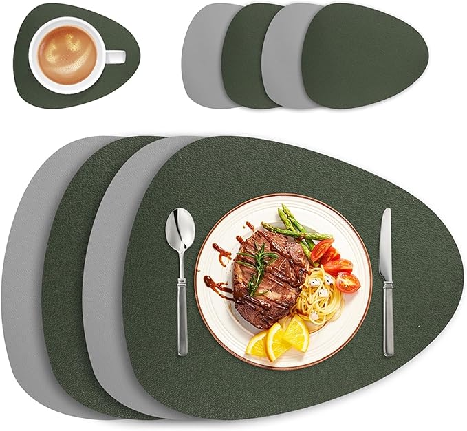 Faux Leather Placemats and Coasters Set of 4/8/12 Dual-Sided Round Place Mats for Kitchen Dining Coffee Oval Modern Table Mates(Grey Green,Set of 4)