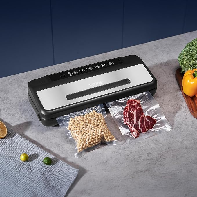 VEVOR Vacuum Sealer Machine, 80Kpa 120W Powerful Compact Food Sealer, 7-in-1 Multi-Functional Food Vacuum Sealer, Automatic Air Sealing System with Built-in Cutter with 10 Vacuum Bags & 1 Bag Roll