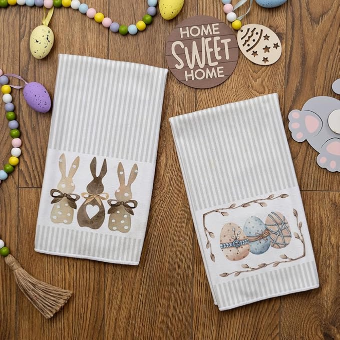 ARKENY Easter Kitchen Towels Beige Bunny Dish Cloths 18x26 Inch Ultra Absorbent Bar Drying Cloth Eggs Hand Towel for Kitchen Bathroom Party Easter Decorations Set of 2