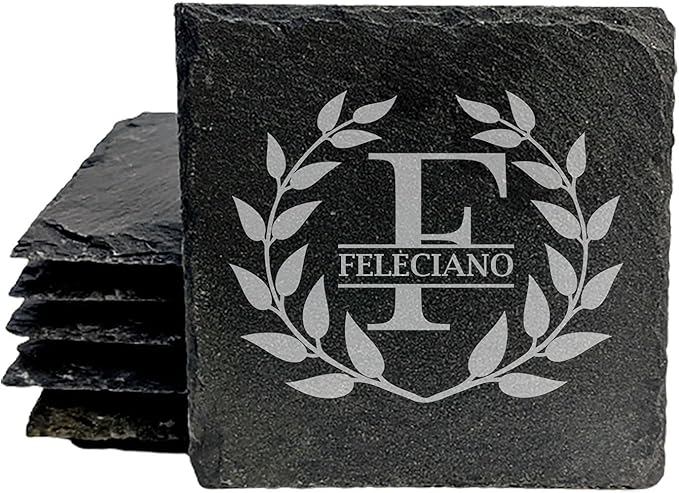 ustic Elegance: Personalized Slate Coasters with Wreath Design - Square Slate - Set of 5