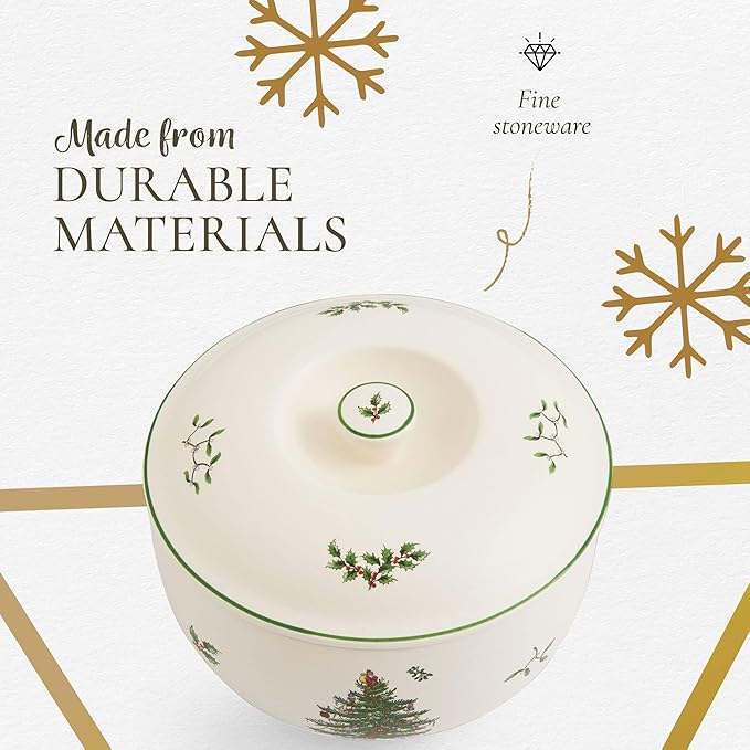 Spode Christmas Tree 1 Quart Round Casserole Dish with Lid - Stoneware Baking Dish for Holiday Desserts - Oven to Table Bakeware & Dishwasher Safe - Festive Holiday Serveware for Christmas Table