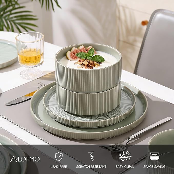 Dinnerware Sets for 4, Ceramic Plates and Bowls Set 12 Piece Dinnerware Chip Resistant Stoneware, Dishwasher and Microwave Safe-Green