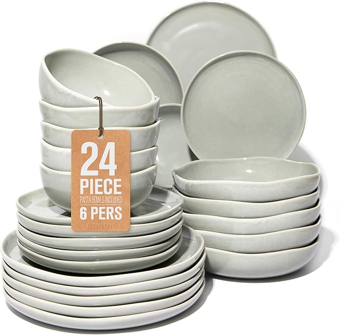 24 Pieces Dinnerware Set for 6 with Pasta Bowls, Complete Ceramic Dish Set, Stackable & Glossy Stoneware Plate and Bowl Set for Effortless Everyday Hosting, Gray Green