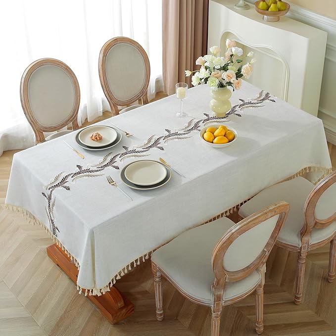Alsoo Table Cloth Square, Cotton Linen Tablecloth Waterproof Wrinkle Free Farmhouse Dining Table Cover, Soft Fabric Tablecloths with Tassels, Beige, 55" X 75", 4-6 Seats