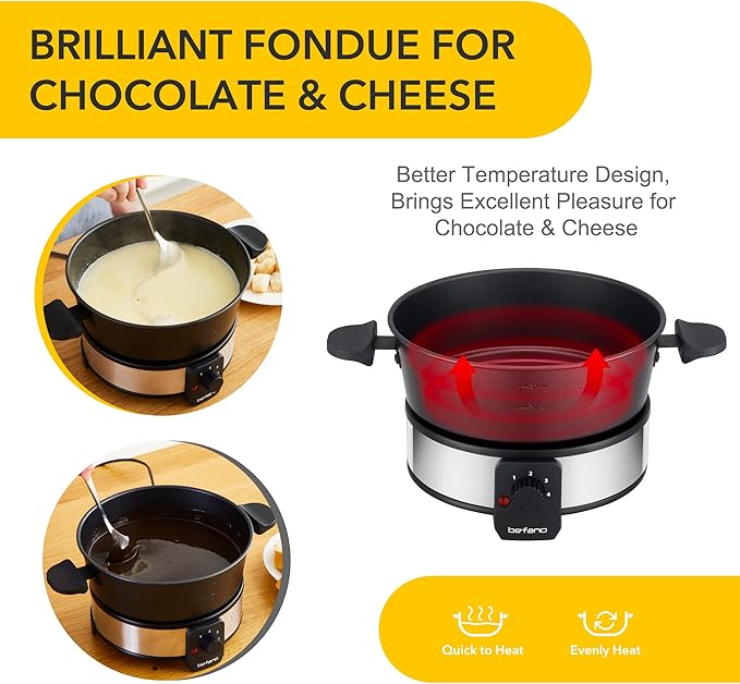 Stainless Steel Fondue Pot with Temperature Control, Forks, Cups, and Rack, 2-Quart, Non-Stick, Perfect for Chocolate, Cheese, Caramel, Marshmallows, Great for Valentine's Day