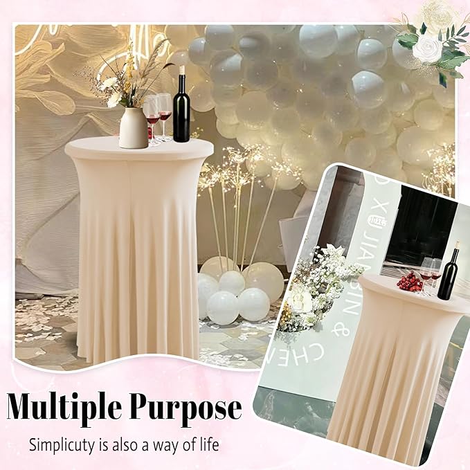 Qubjus 2 Pack Round Cocktail Table Covers with Skirt Stretch Spandex Tablecloth 24"x43" Cocktail Round Tablecloth for Party Wedding Birthday Banquet, Champagne