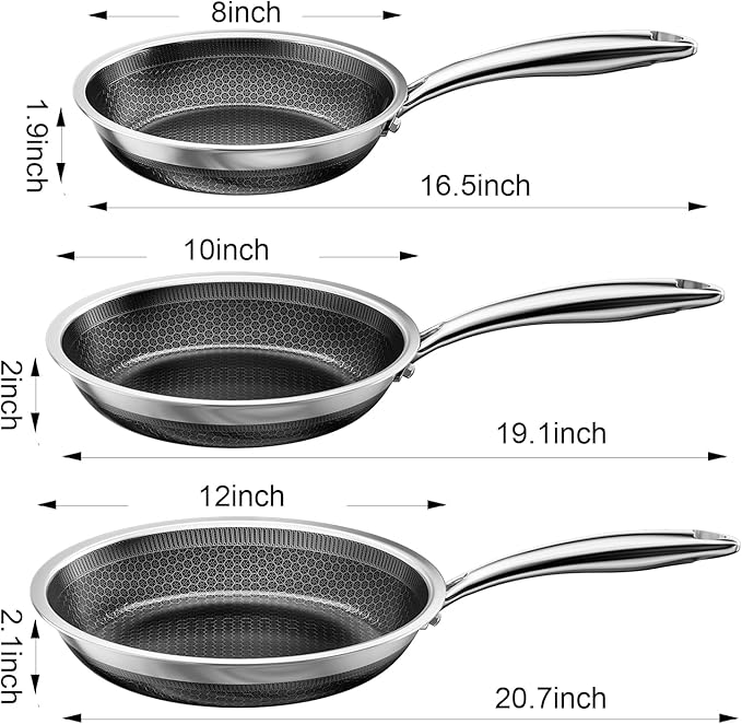 FogDream 8" 10" 12" Non Stick Frying Pans, Stainless Steel Skillet with Lid, Tri-Ply Stainless Steel for All Cooktops, Dishwasher and Oven-Safe Cooking Pan, Stay-Cool Handle, Silver
