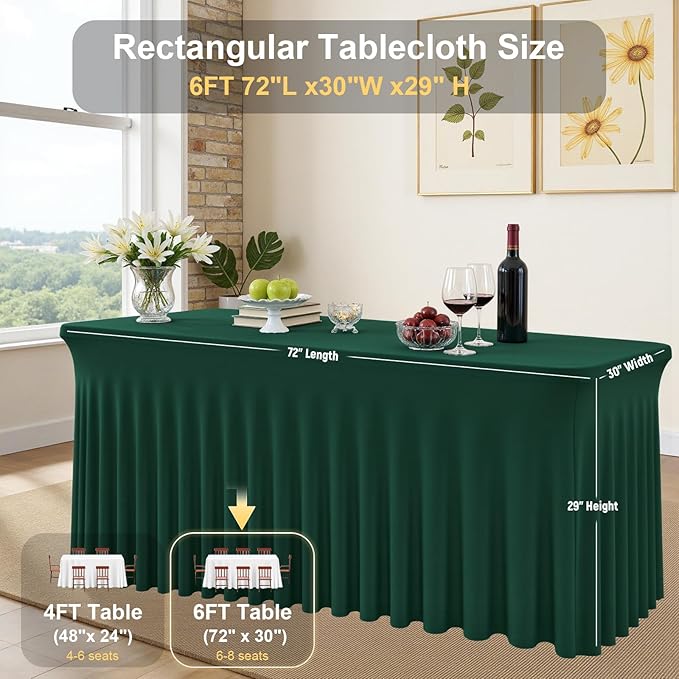 6 Pack Dark Green Rectangle Tablecloth with Elastic Table Skirt – 6FT Fitted Spandex Table Cover, 72 Inch Wrinkle-Resistant & Stretchable for Christmas Party Banquet Buffet Restaurant