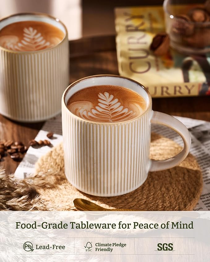 famiware Coffee Mug Set for 6, Star 16 oz Catering Mugs Cup Set with Handle for Coffee, Tea, Cocoa, Milk - Ceramic Stoneware Drinkware Set, Cappuccino White