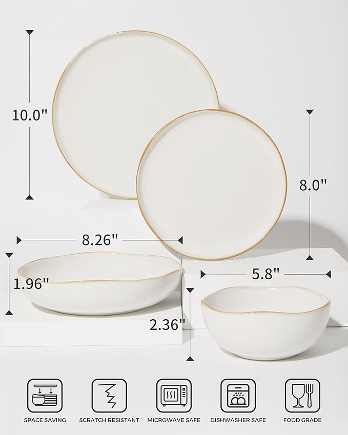 24 Pieces Dinnerware Set for 6 with Pasta Bowls, Complete Ceramic Dish Set, Stackable & Glossy Stoneware Plate and Bowl Set for Effortless Everyday Hosting, White