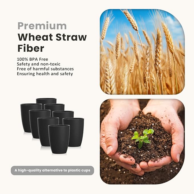 Homienly Wheat Straw Cups 8 PCS Plastic Cups Unbreakable Drinking Cup Reusable Dishwasher Safe Water Glasses with Black Colors (12 OZ)