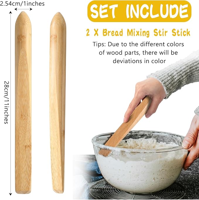 Hillban 2 Pcs 11 Inch Spurtle for Sourdough Stirring Stick Bread Mixing Stir Stick Bread Making Tools Paddle Wooden Dowel for Sourdough Spurtle Spatula Kitchen Cooking(Bamboo)