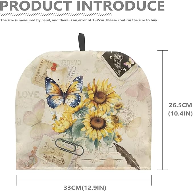 Tea Cozy for Teapots with Handle, Vintage Butterfly & Sunflower Print Dust Insulated Cover, Hanging Fold-Up Design, Suitable for Kitchen and Living Room Table Decoration