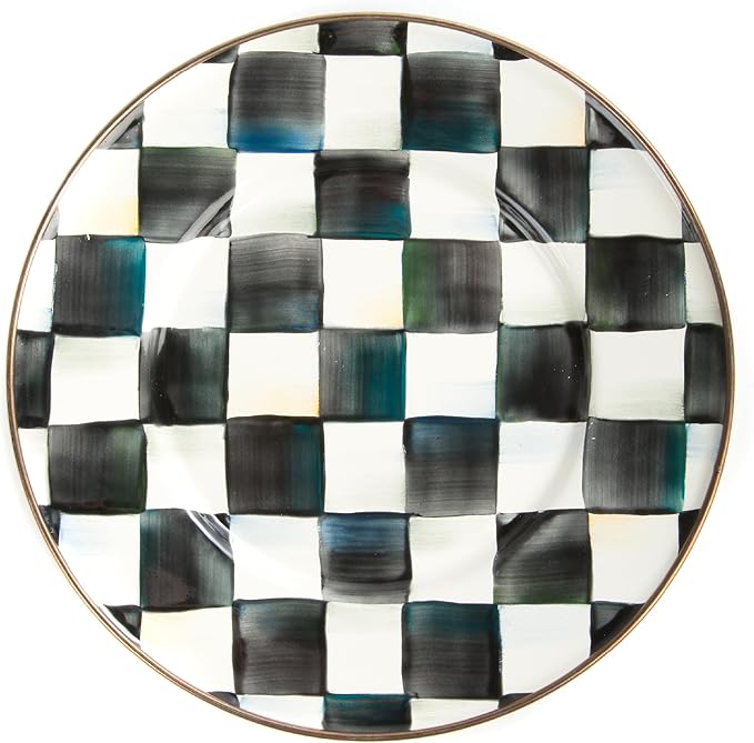 MACKENZIE-CHILDS Enamel Salad and Dessert Plate, Small Plate for a Dessert or Appetizer Dish, 8 Inches, Black-and-White Courtly Check