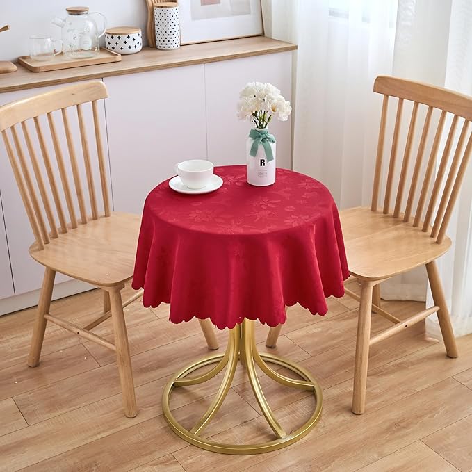 Christmas Round Tablecloth Red Small 40 Inch Table cloths Up to 26" Dia Tables Leaves Pattern Scalloped Edge Waterproof Washable Jacquard Table Cover-Kitchen Dinner Decor Talking Coffee Bar