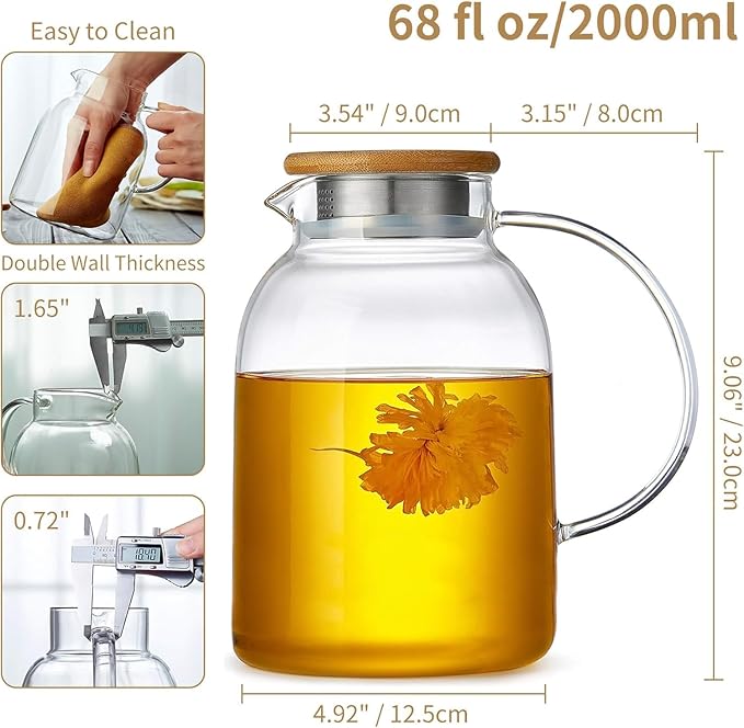 Large Glass Teapot with Infuser, Stovetop Safe, Thickened Heat Resistant Borosilicate Glass, 68 fl oz Glass Tea Kettle with Bamboo Lid
