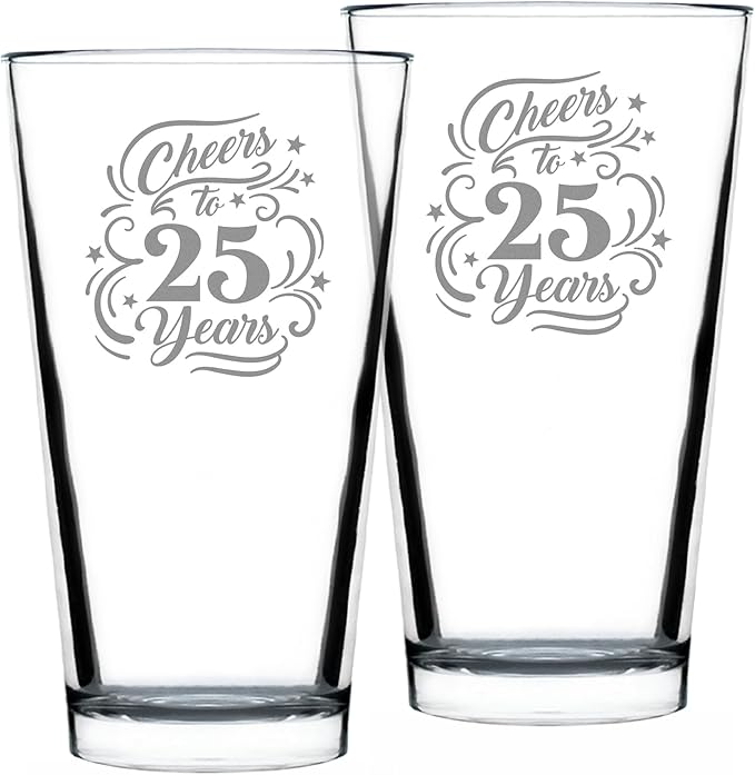 Bevvee Cheers to 25 Years - Pint Glass for Beer - Gifts for Women & Men - 25th Anniversary Party Decor - Set of 2-16 Oz Glasses