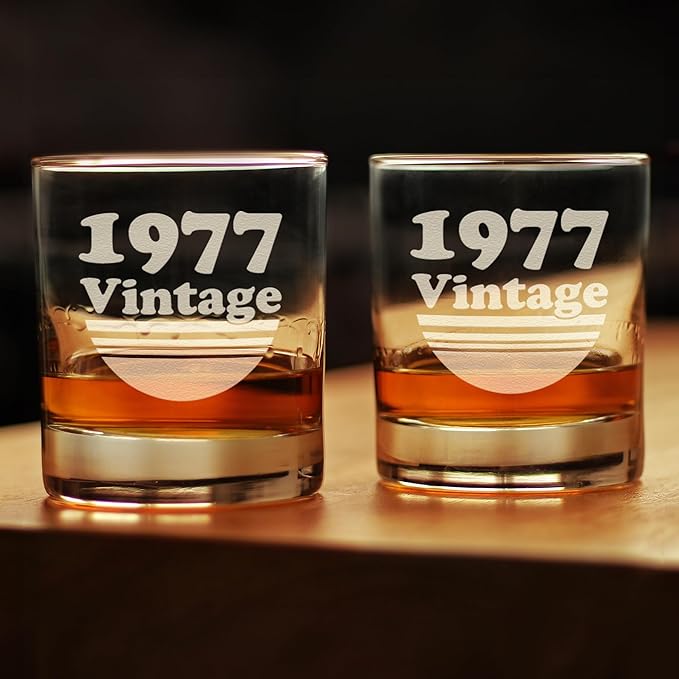 Bevvee Vintage 1977 Whiskey Rocks Glass - 49th Birthday Gifts for Men & Women Turning 49 - Old Fashioned Bday Decor - Set of 2-10.25 oz
