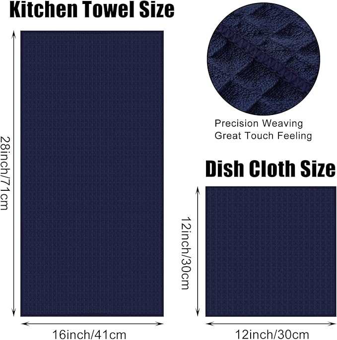 Homaxy Microfiber Waffle Weave Kitchen Towels Set, 16 x 28 Inch and 12 x 12 Inch Ultra Absorbent and Solid Color Dish Towels, 8 Pack, Navy Blue