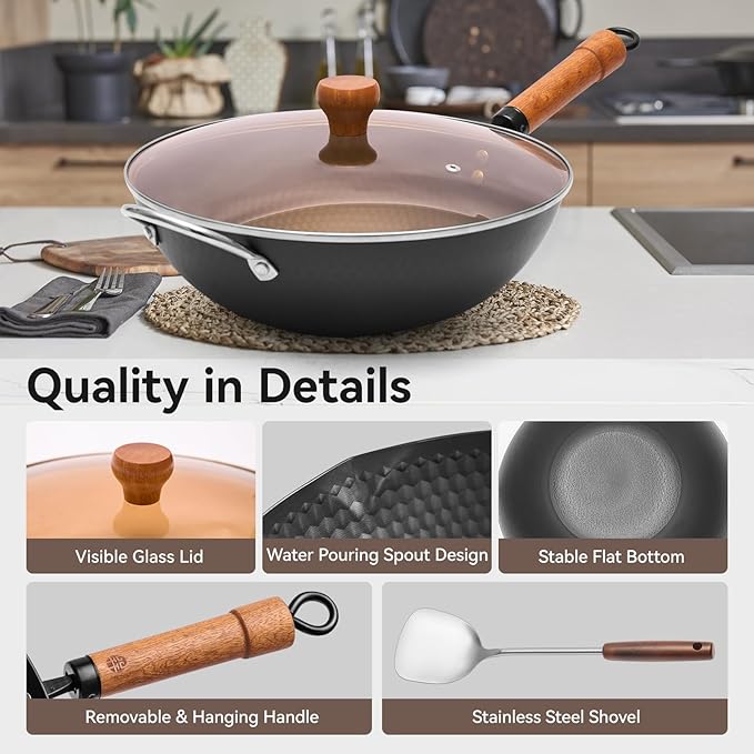 WANGYUANJI 12.6" Wok with Lid, Flat Bottom Nonstick Iron Wok Pan for Induction, Gas and Electric Stoves, Deep Stir-Fry Pan for Everyday Cooking