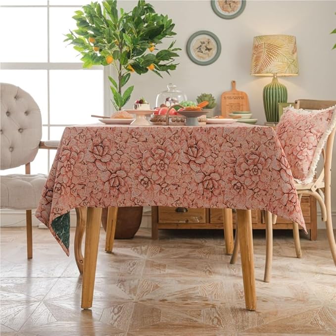 Rectangular Tablecloth Pink Flower Succulent Tablecloth Thick Tablecloth Jacquard Thickened Suitable for Restaurant Camping(140 * 300cm)