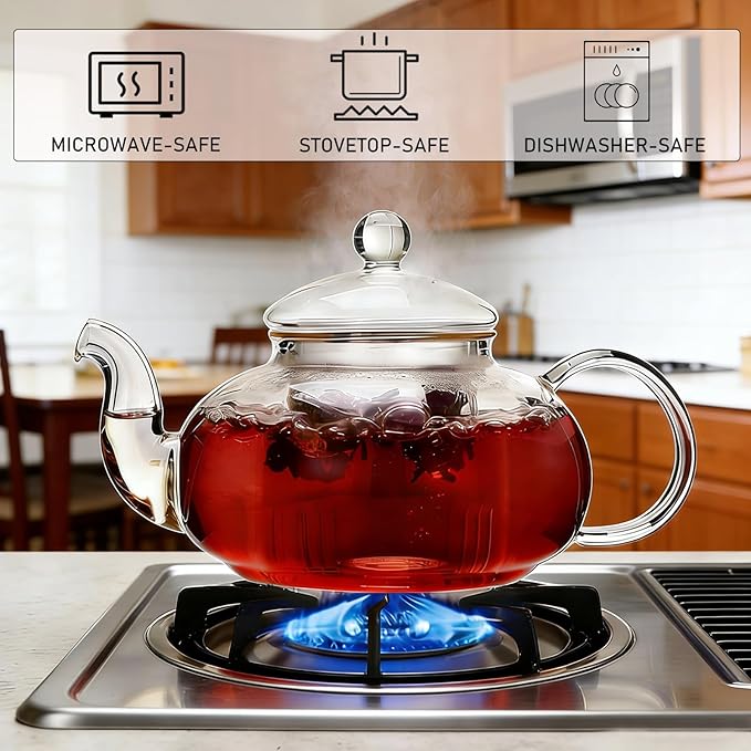 800ml(27oz) Borosilicate Glass Teapot with Removable Glass Infuser, Stovetop Safe Clear Tea Kettle for Blooming and Loose Leaf Tea