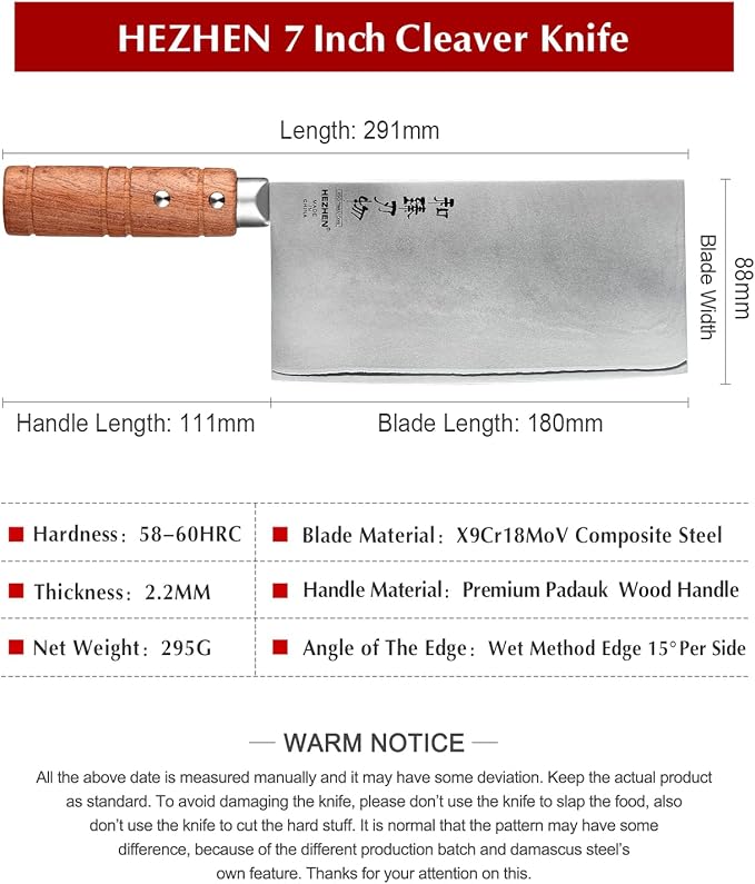 HEZHEN 7" Cleaver Knife, Composite Steel Chinese Kitchen Chef Knife, Clad Steel Butcher Knife, Padauk Wood Handle