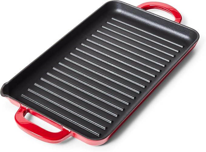 Sur La Table 15" x 9" Enameled Cast Iron Grill Pan – Rectangular Stove-to-Oven Griddle for Steaks, Veggies & Seafood, Induction Compatible, Oven to 500°F, No Seasoning Required, Red
