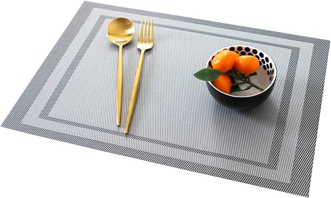 Woven PVC Placemats for Dining Table Set of 1/4/6 Heat Stain Slip Washable Kitchen Table Mats Classic(Hui Silver Grey,4pcs 45x30cm)