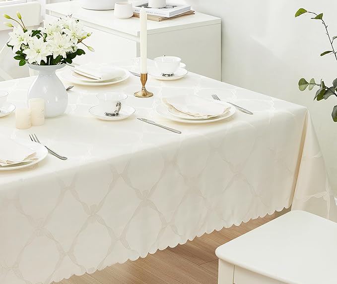 Newbridge Ribbons and Bows Damask Spring & Easter Holiday Fabric Tablecloth, Ivory, 60 x 84 Inch Rectangle, Wrinkle & Stain Resistant Table Cover