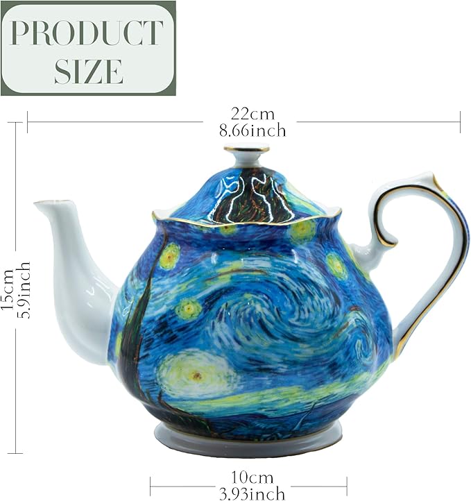 Teapot 30 oz Vangogh Paintings Bone China Loose Tea Pot Floral Design Vintage Ceramic Coffee Water Pot European Style Porcelain (Starry Sky)