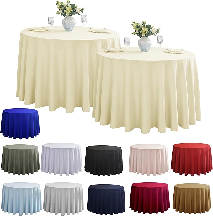 2-Pack Round 108-inch Beige Table Cloths, Solid Stain and Wrinkle Resistant Circular Tablecloth, Premium Plain Weave Polyester Fabric Table Linen Covers for Hotel, Banquet