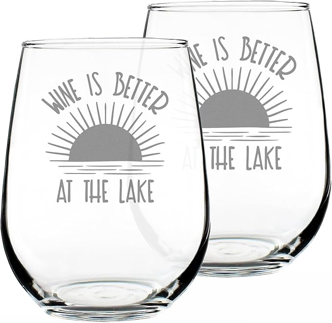 Wine is Better at the Lake - Stemless Wine Glass Gifts for Men & Women - Funny, Cute, Unique Lake House Décor - Set of 2 - Large 17 Oz