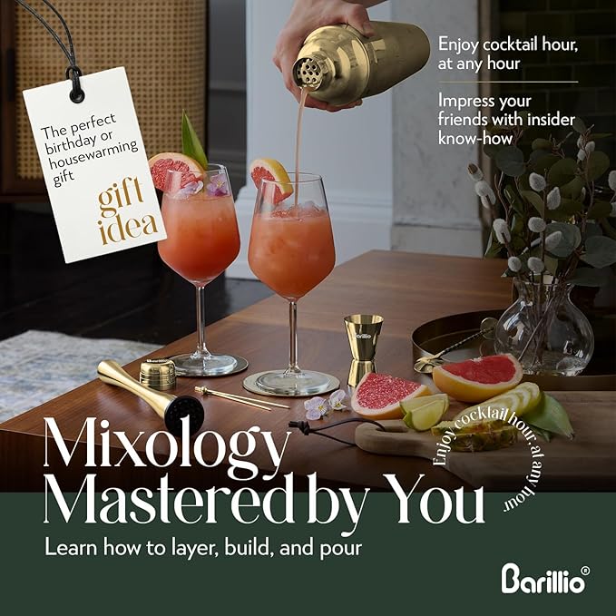 Barillio Gold Mixology Bartender Kit - 8 pcs Stainless Steel Travel Cocktail Shaker Set with Bag - Bar Tools Set with Martini Shaker, Drink Mixer Spoon & Mojito Muddler for Cocktails, Pourers & Jigger