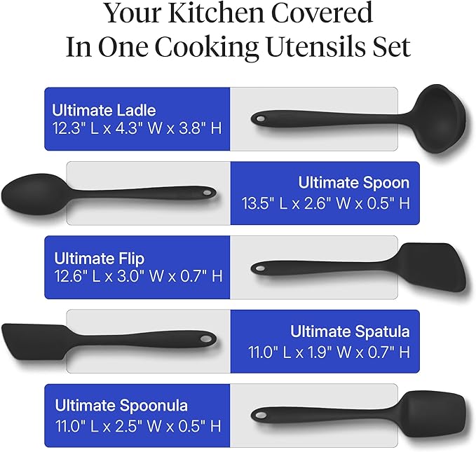GIR: Get It Right 5-Piece Silicone Ultimate Kitchen Utensils Set - Ladle, Spatula, Flip, Spoon & Spoonula - Non-Toxic Cooking Utensils for Nonstick Cookware, Cooking and Baking - Black
