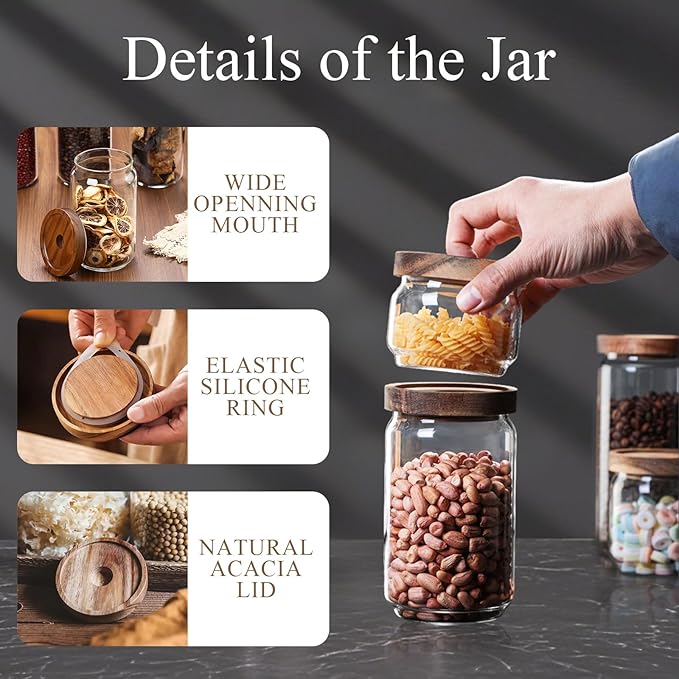 Glass Jars with Airtight Wood Lids - 25 OZ / 750 ML Kitchen Pantry Storage Containers, Decorative Canister for Chia Seed, Coffee Bean, Sugar, Spice, Cereal, Oats, Cookie, Candy, Tea, Nuts, Set of 2