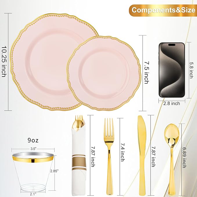 Hioasis 350pcs Pink and gold Plastic Plates - Pink Plastic Dinnerware Set Includes 50 Dinner Plates, 50 Dessert Dinnerware, 50 Cups, 50 Rolled Napkin Cutlery Perfect for Wedding & Valentine's Day