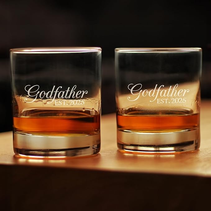 Bevvee Godfather Est 2025 - New Godfather Whiskey Rocks Glass Proposal Gift for First Time Godparents - Set of 2 - Decorative 10.25 Oz Glasses