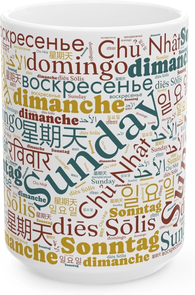 Vintage Sunday Word Cloud Mug | Global Languages Design | Teacher Appreciation Gift