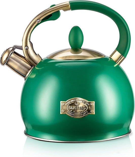 SUSTEAS Stove Top Whistling Tea Kettle - Food Grade Stainless Steel Teakettle Teapot with Cool Touch Ergonomic Handle, With 1 Silicone Pinch Mitt Included, 2.64 Quart (Green)