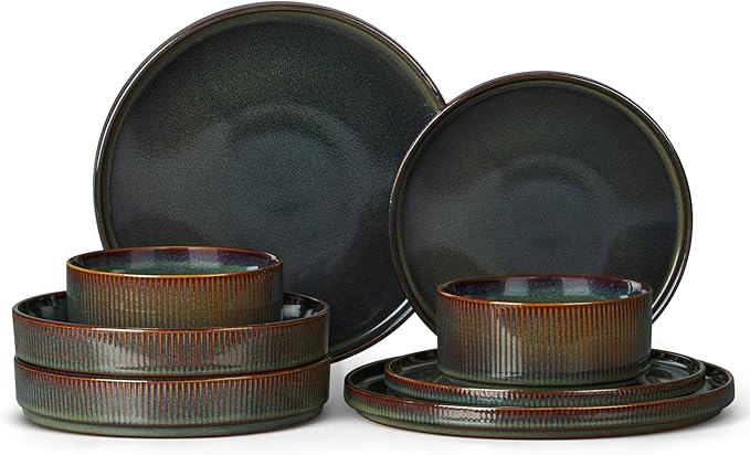 LIANYU Dinnerware Sets with Pasta Bowls, 8 Piece Ribbed Dinnerware Plates and Bowls Set for 2, Elegant Modern Stoneware Dishes Set for Kitchen Dining, Microwave and Dishwasher Safe, Jungle Green