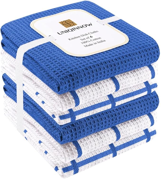 Assorted Waffle Kitchen Dish Towels 100% Cotton Set of 6, Soft Absorbent Quick Drying Table and Kitchen Linen, Tea Towels and Cleaning Towels with Hanging Loop, Dish Towels 15x25 Blue