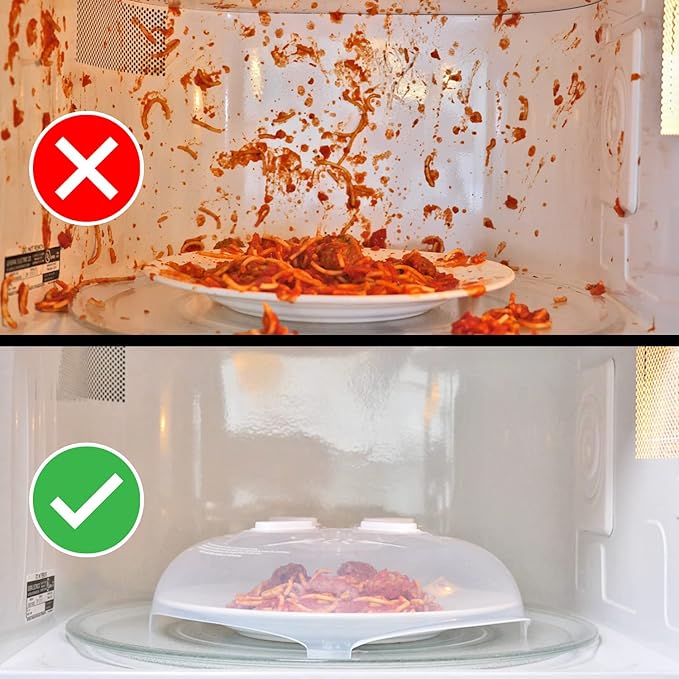 HOVER COVER Magnetic Splatter Cover, 12-Inch Clear BPA-Free Food Lid, Vented Plate Guard with Steam Vents, Anti-Splash Microwave Lid, Dishwasher Safe, Space-Saving Magnetic Storage - Ivory White