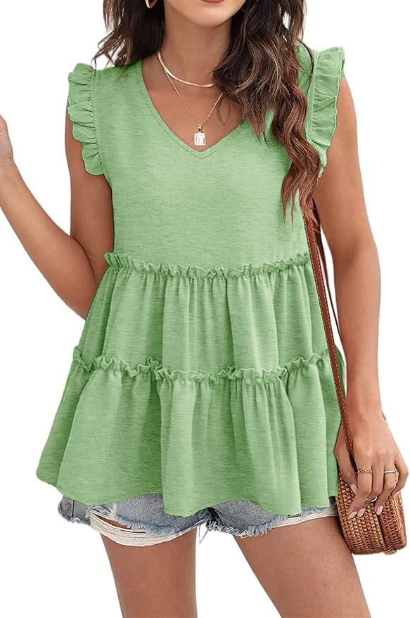 Womens Babydoll Tank Tops V Neck Ruffle Sleeve Pleated Peplum Shirts Summer