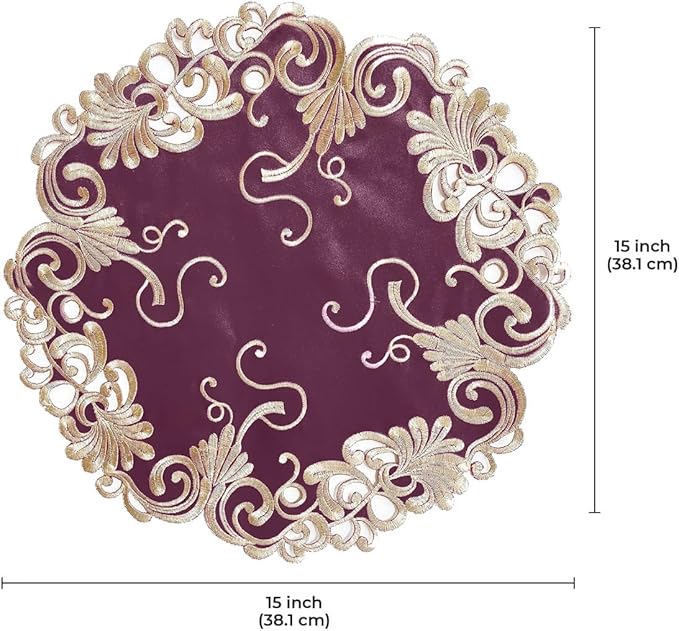 Decozen Set of 4 Doilies for Table, Lace Doilies - Rustic, Crochet, Farmhouse, Kitchen, Dining Table Centerpiece Decor - Round Christmas Placemats - 15 inch Gold Burgundy, The Chantelle Collection